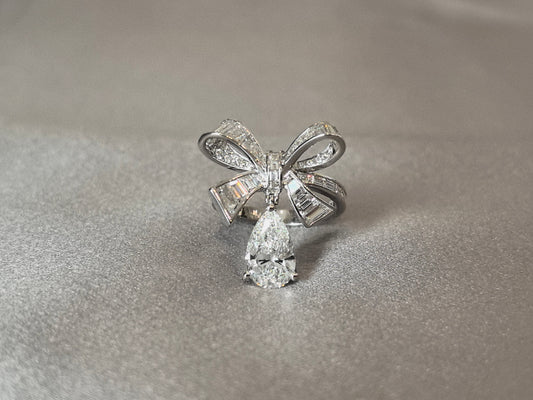 Pear Cut Bow-tie Ring with Pear Dangle - Lab Grown Diamond Statement Ring