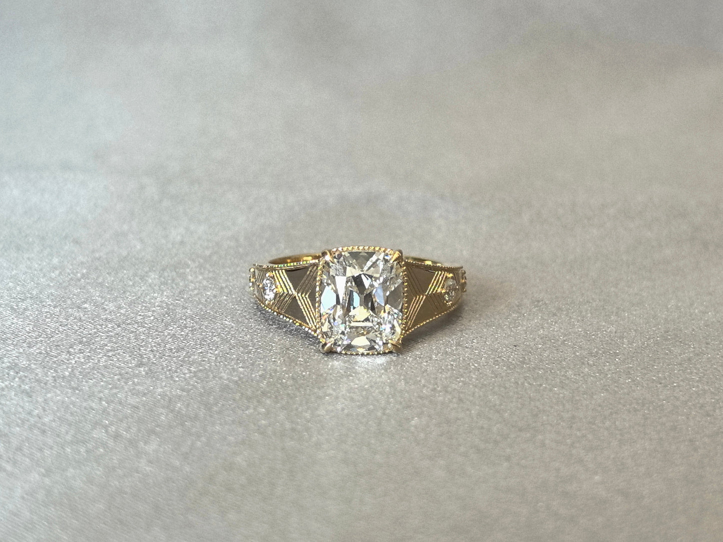 Cushion Lab Grown Diamond Ring - Ornate Thick Band - 14K Gold