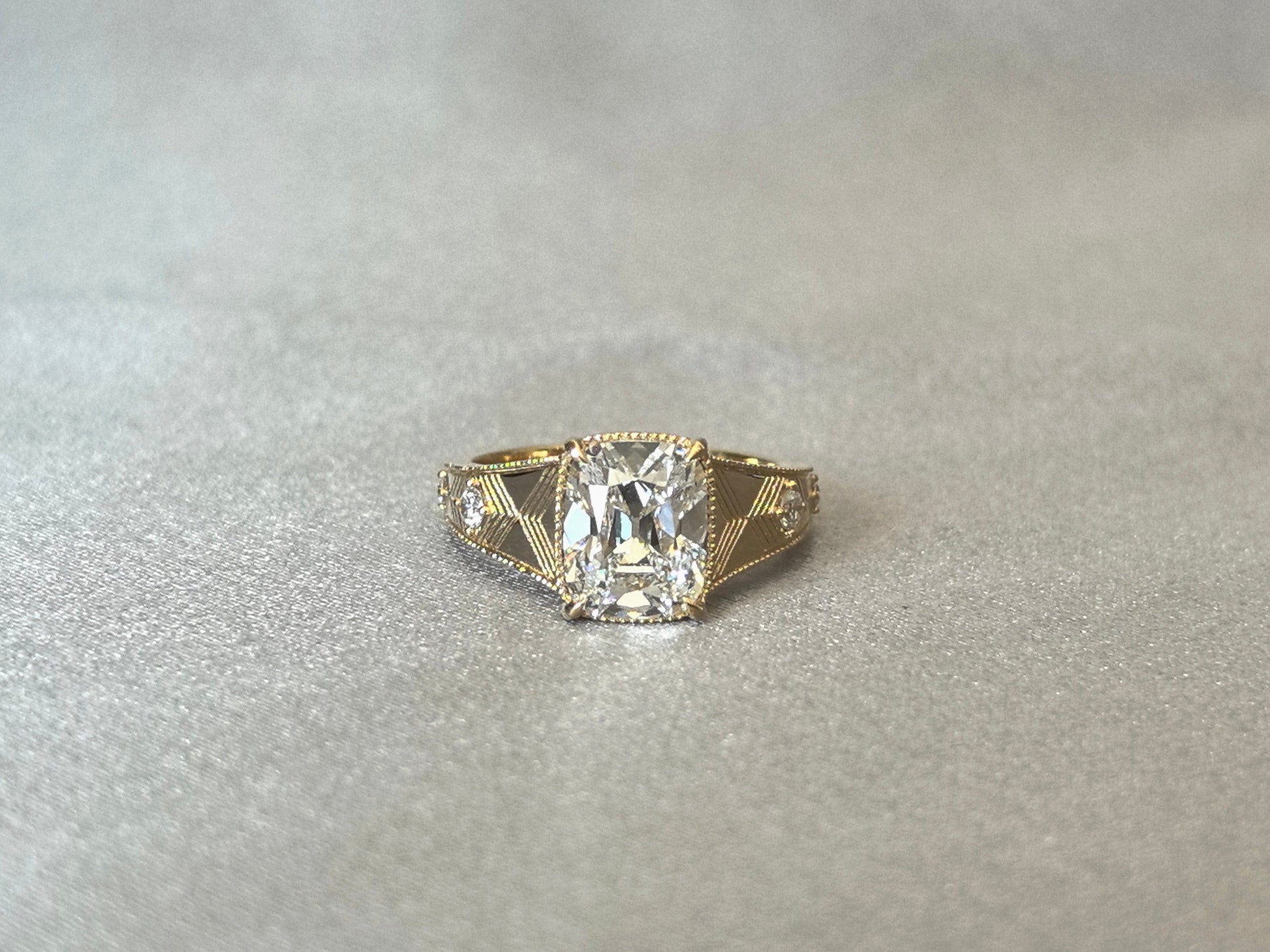 Cushion Lab Grown Diamond Ring - Ornate Thick Band - 14K Gold