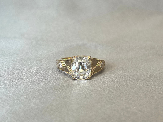 Cushion Lab Grown Diamond Ring - Ornate Thick Band - 14K Gold
