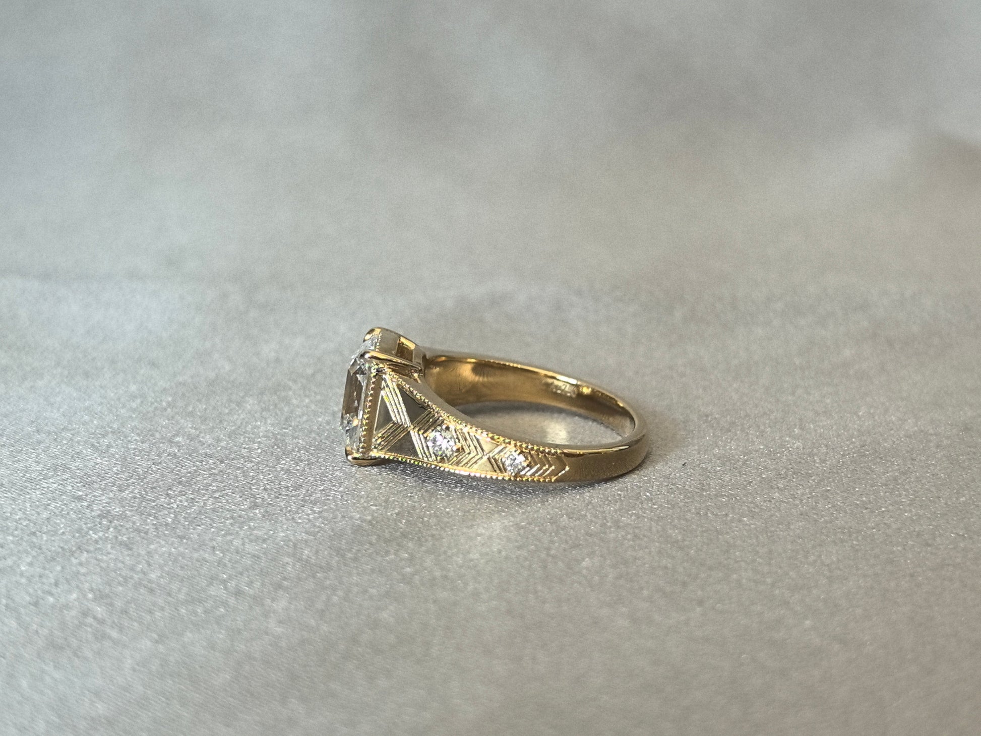 Cushion Lab Grown Diamond Ring - Ornate Thick Band - 14K Gold