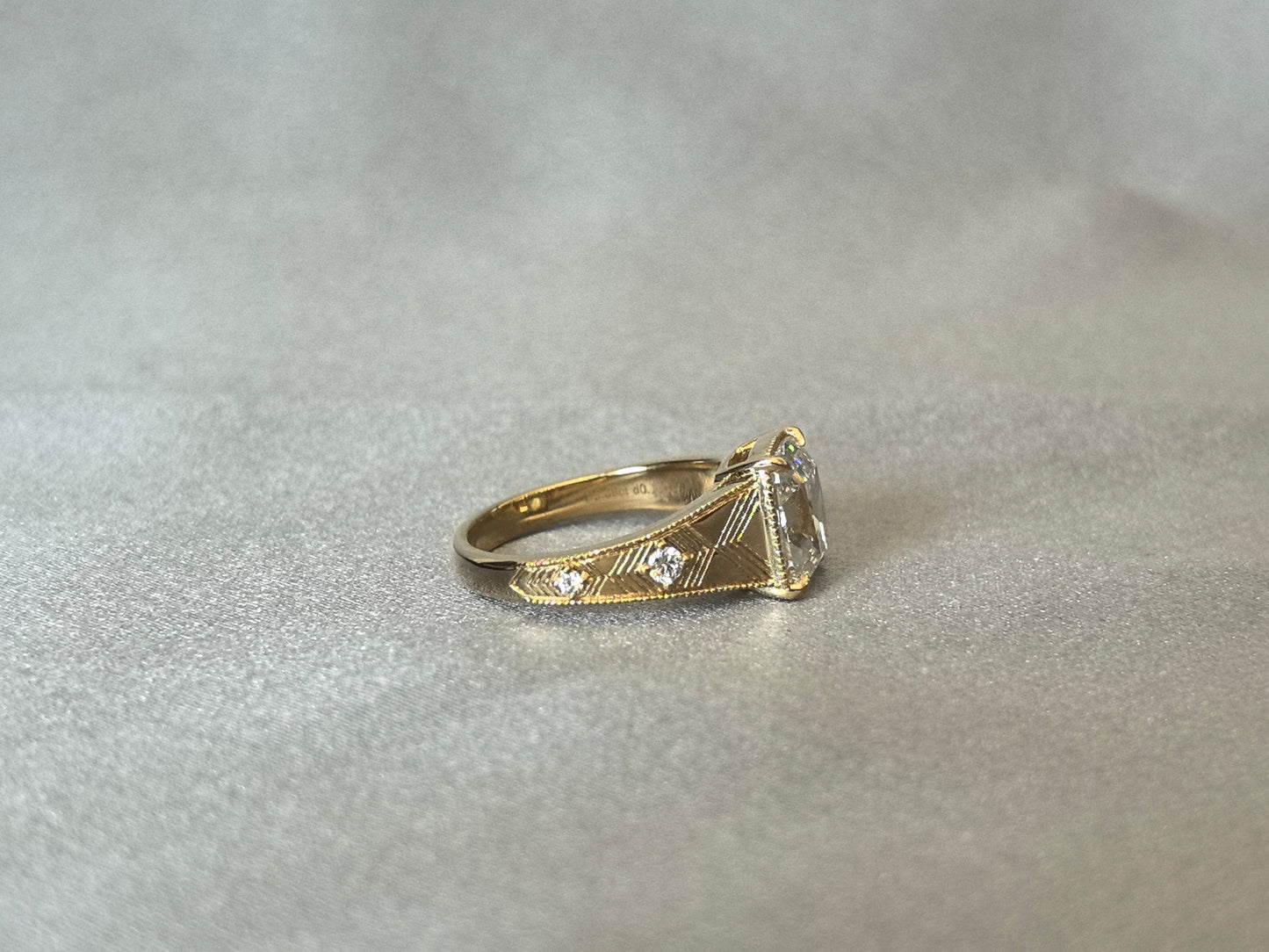 Cushion Lab Grown Diamond Ring - Ornate Thick Band - 14K Gold