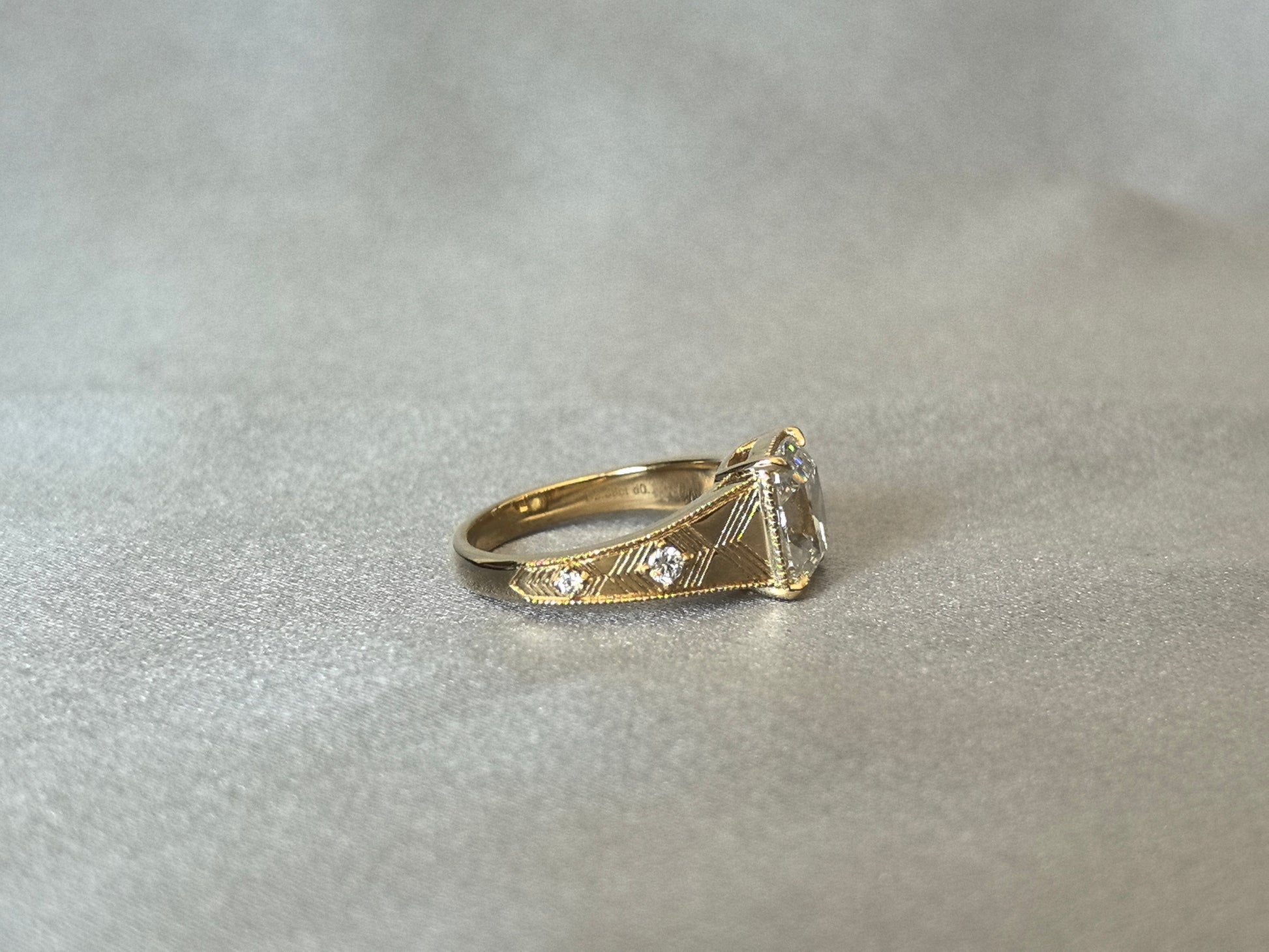 Cushion Lab Grown Diamond Ring - Ornate Thick Band - 14K Gold