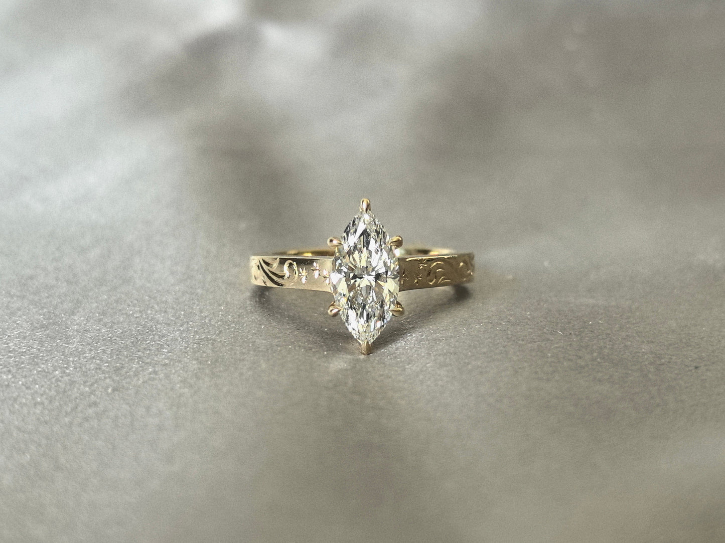 Marquise Lab Grown Diamond Ring - Flat Band with Vintage Engraving - 14K Gold