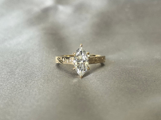 Marquise Lab Grown Diamond Ring - Flat Band with Vintage Engraving - 14K Gold