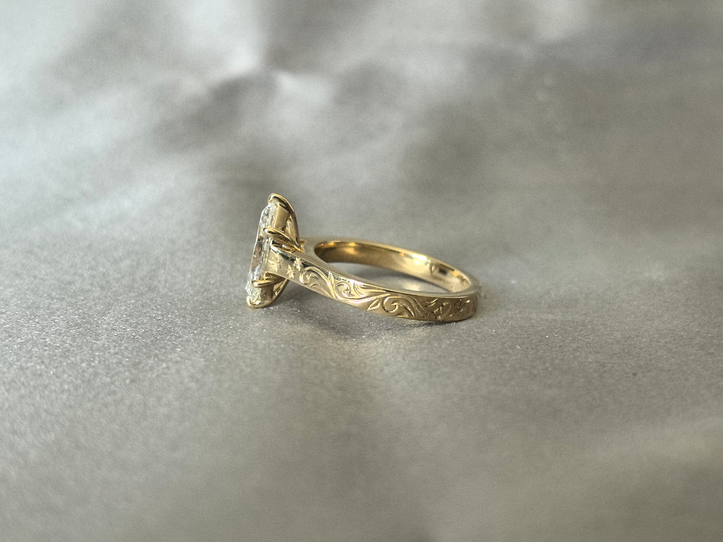 Marquise Lab Grown Diamond Ring - Flat Band with Vintage Engraving - 14K Gold