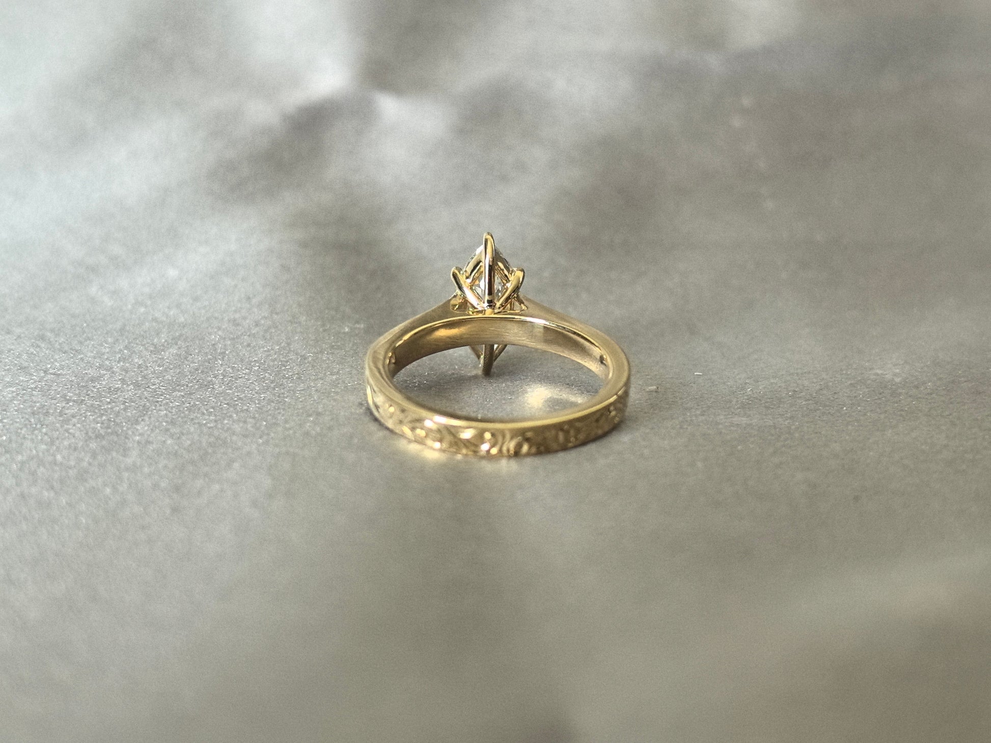 Marquise Lab Grown Diamond Ring - Flat Band with Vintage Engraving - 14K Gold