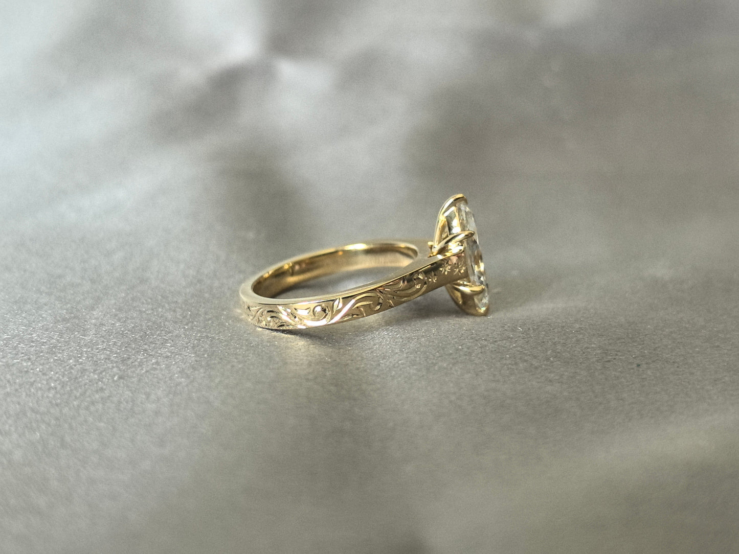 Marquise Lab Grown Diamond Ring - Flat Band with Vintage Engraving - 14K Gold