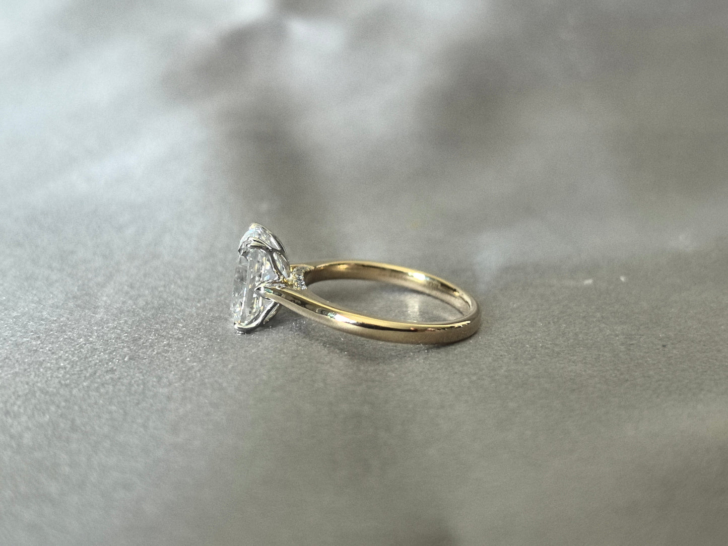 Cushion Lab Grown Diamond Ring - Floral Setting with Hidden Halo - 14K Gold