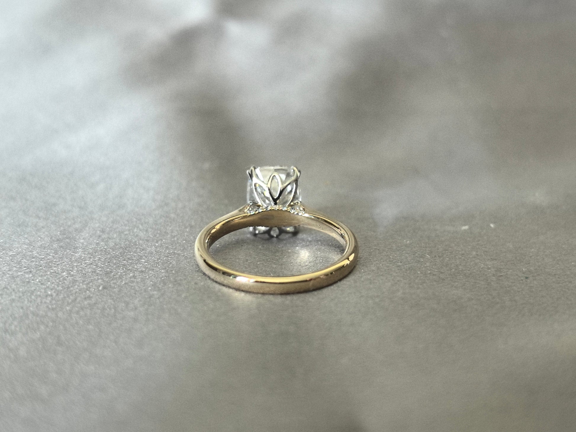 Cushion Lab Grown Diamond Ring - Floral Setting with Hidden Halo - 14K Gold