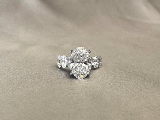 Oval Lab Diamond Hidden Halo Half Eternity Ring - Fancy Design - Timeless Three-Stone Bridal Jewelry