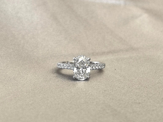 Oval Cut Half Eternity Ring Ring - Four Prong Solitaire Setting - Hidden Green Halo