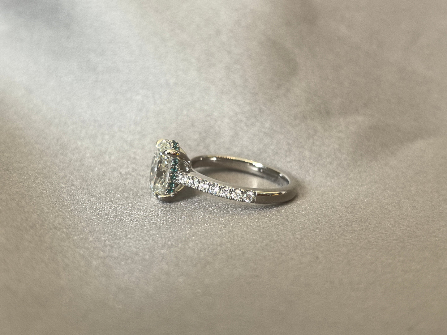 Oval Cut Half Eternity Ring Ring - Four Prong Solitaire Setting - Hidden Green Halo