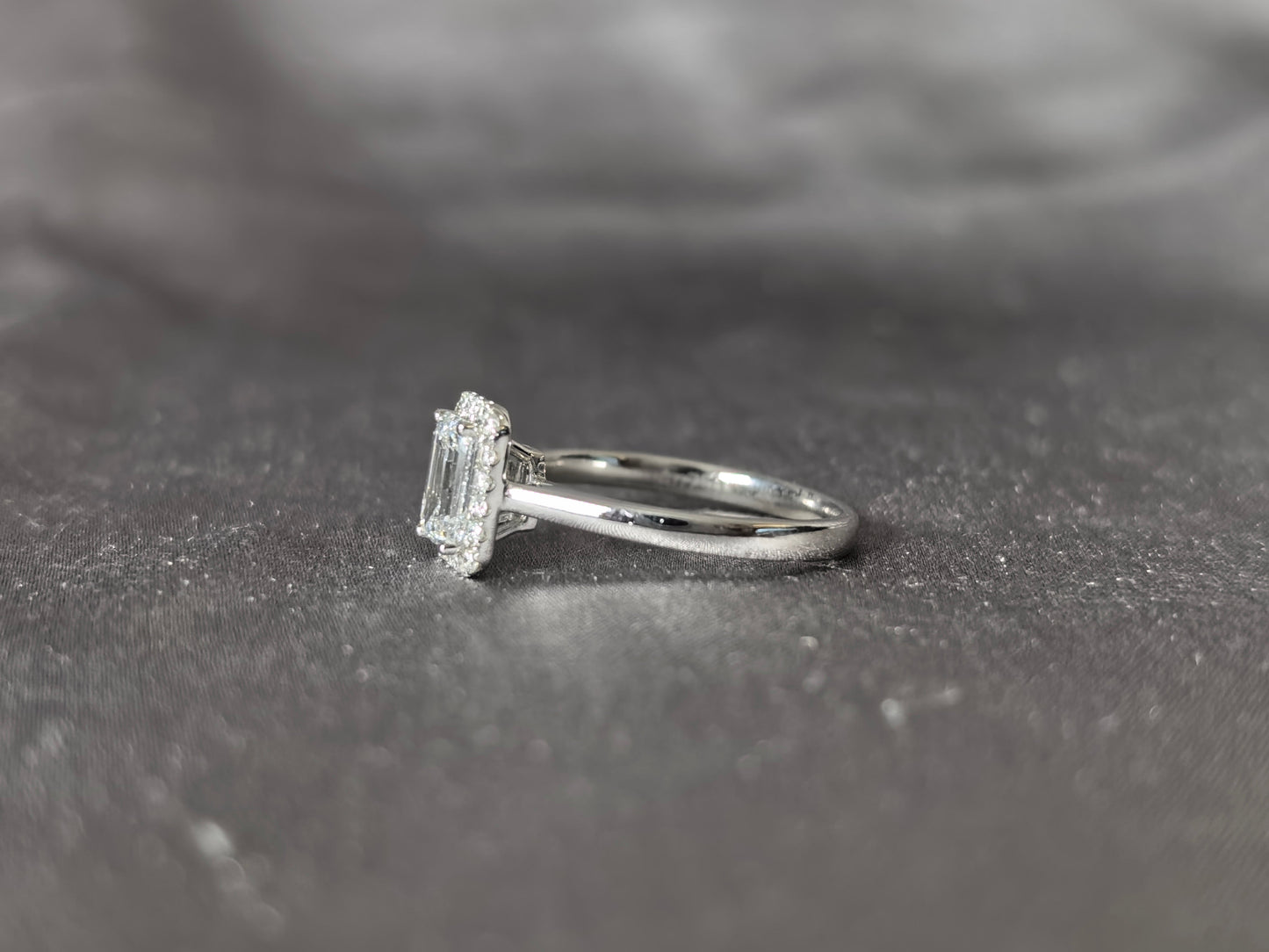 Emerald Cut Lab Grown Diamond Solitaire Ring with Halo - Simple Plain Band