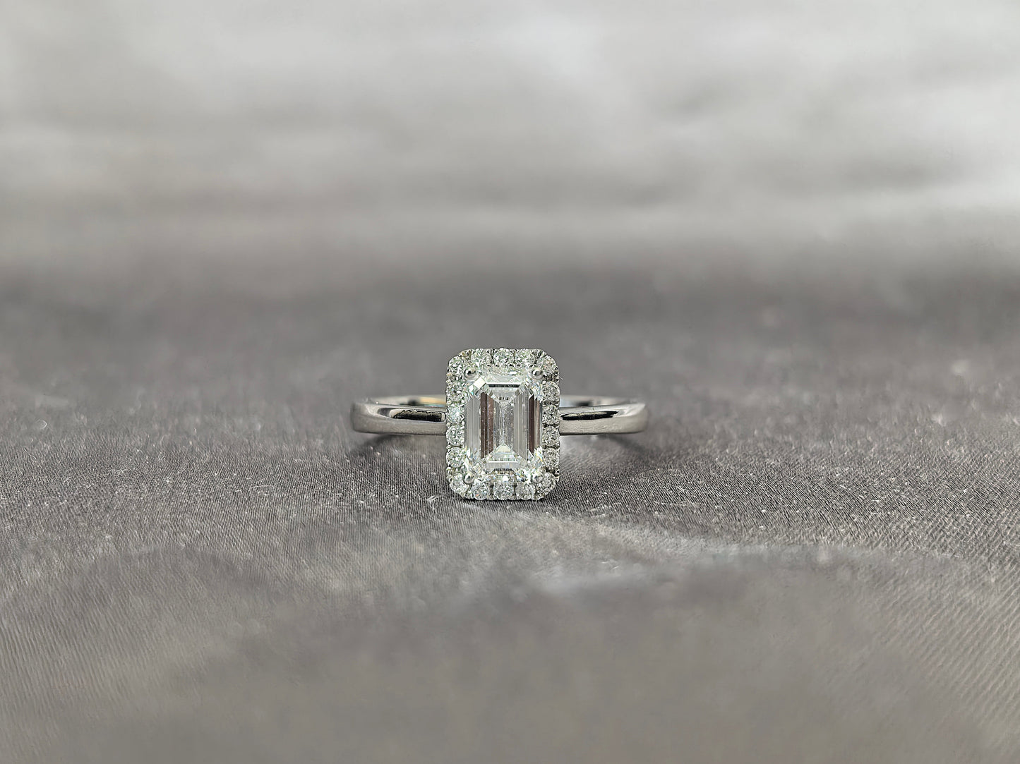 Emerald Cut Lab Grown Diamond Solitaire Ring with Halo - Simple Plain Band