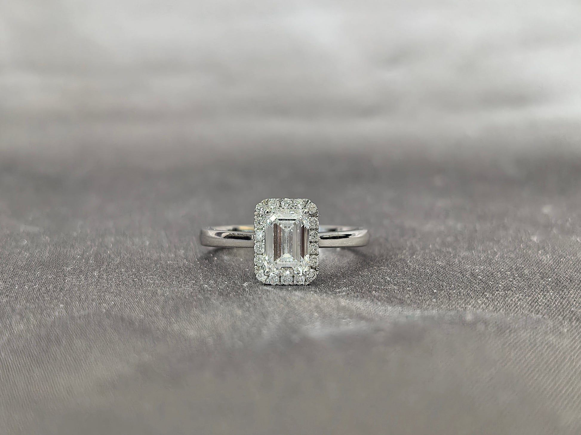 Emerald Cut Lab Grown Diamond Solitaire Ring with Halo - Simple Plain Band