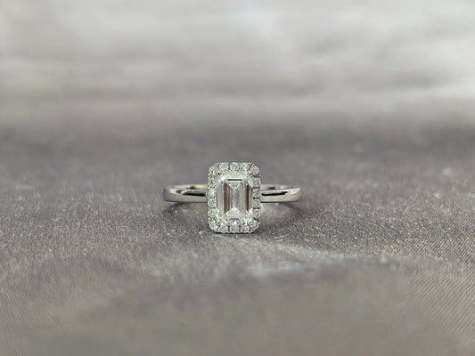Emerald Cut Lab Grown Diamond Solitaire Ring with Halo - Simple Plain Band