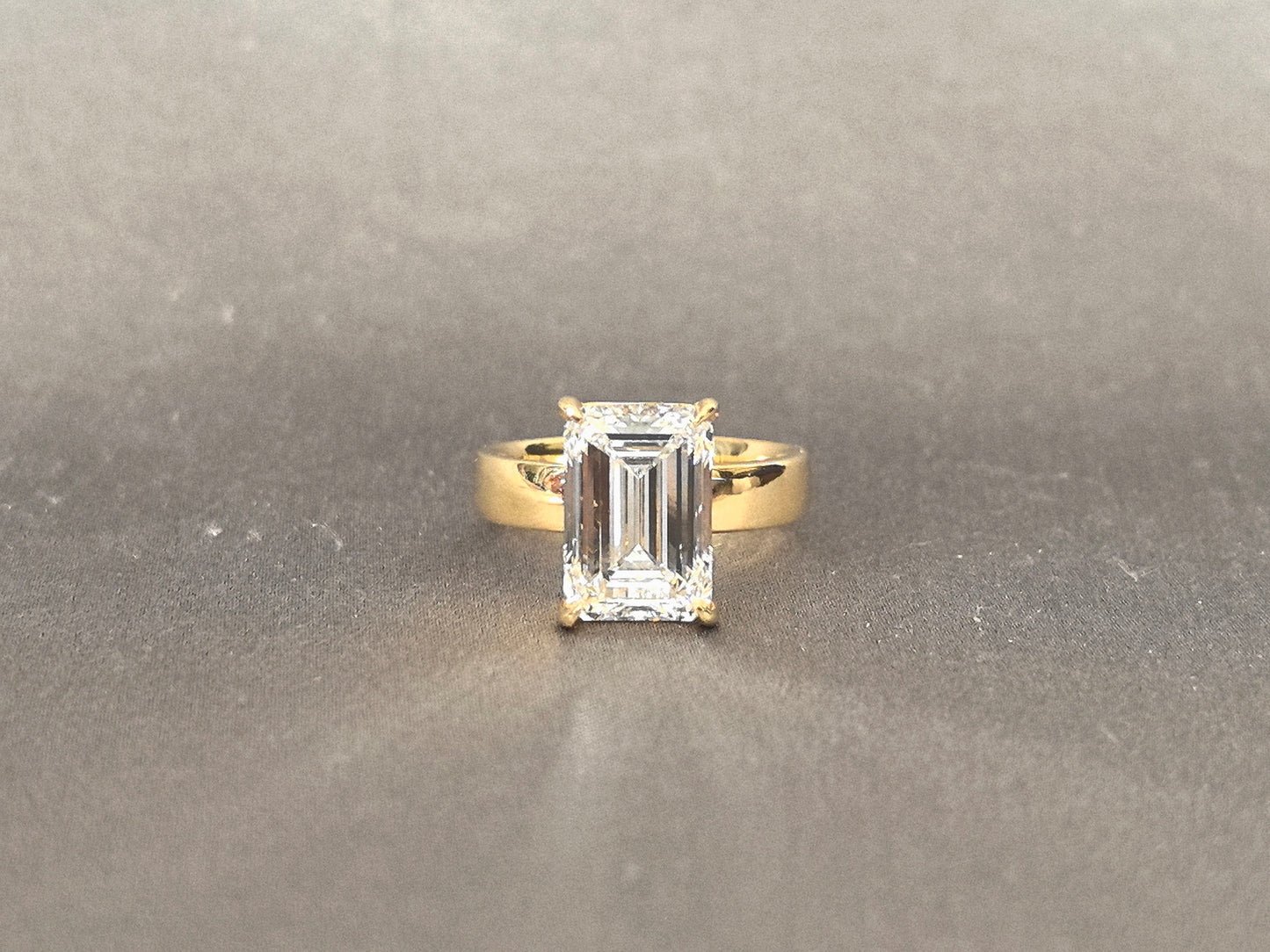 Emerald Cut Lab Grown Diamond Ring - Wide Flat Band Solitaire
