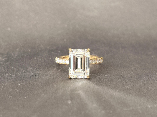 Emerald Cut Lab Grown Diamond Ring - Half Eternity Band & Hidden Halo