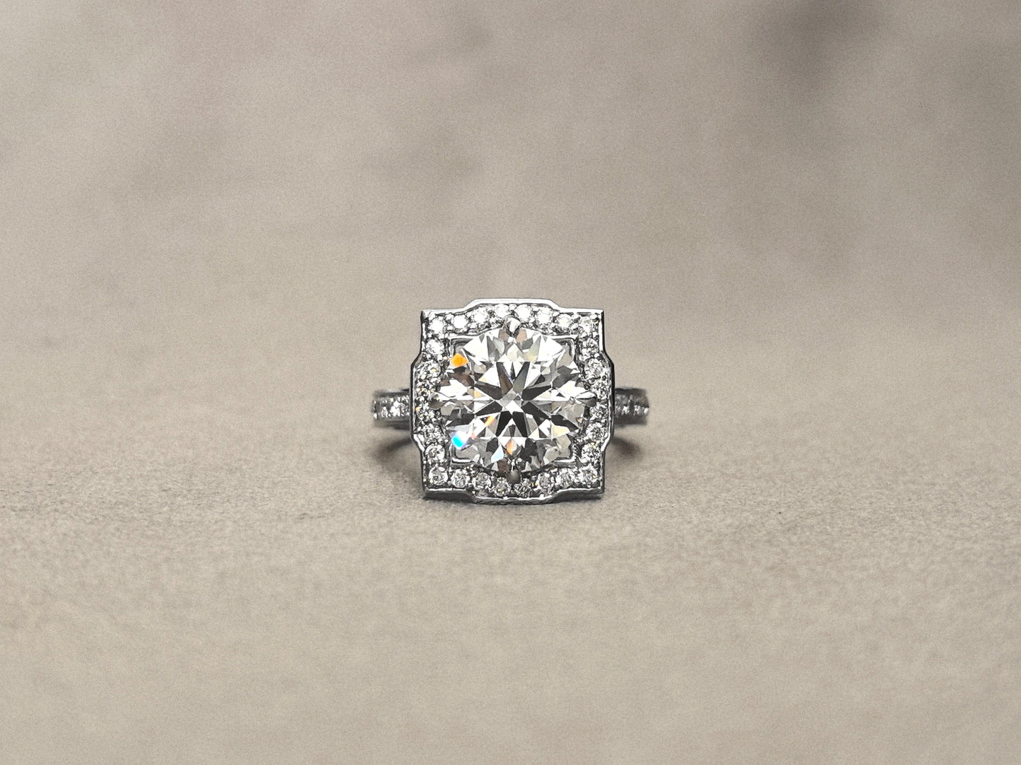 Round Brilliant Cut - Square Halo Setting - Pave Shank Band