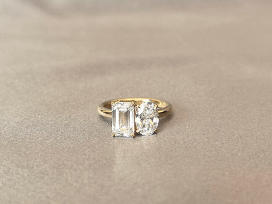 Oval & Emerald Cut Two-Stone Ring - Customizable Lab Gemstones - Personalized Birthstone Design