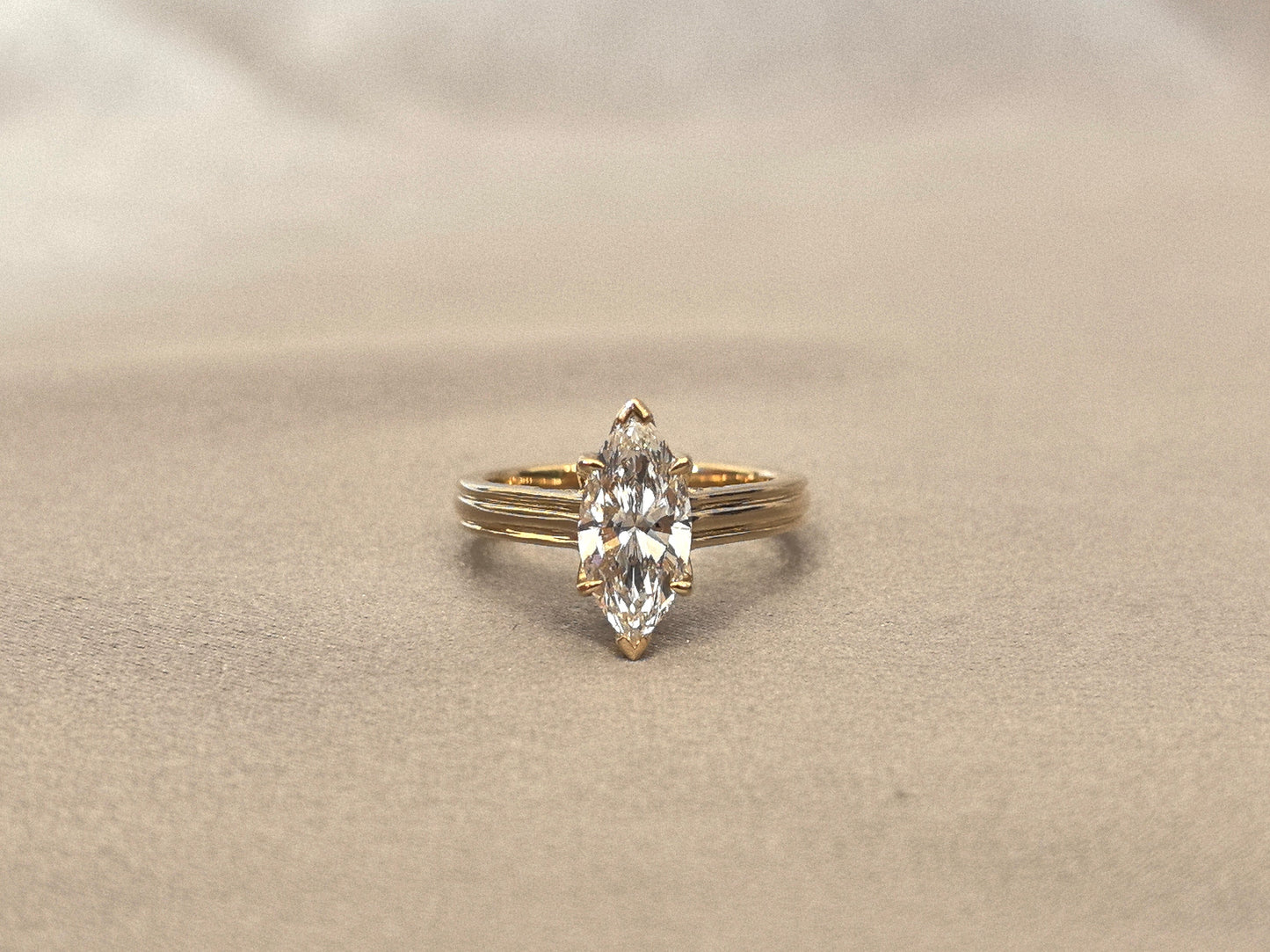 Product Title Marquise Cut Lab Diamond Ring - Floral Prong & Linear Band Design - 14K Gold