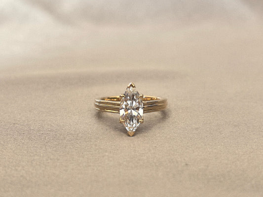 Product Title Marquise Cut Lab Diamond Ring - Floral Prong & Linear Band Design - 14K Gold