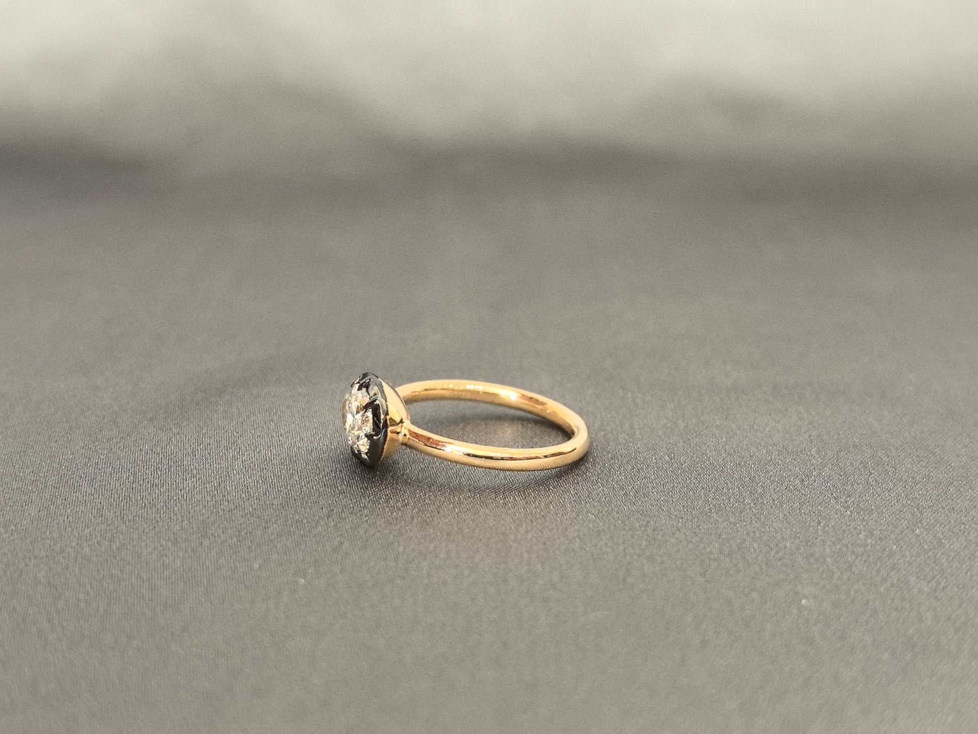 Oval Cut Hidden Halo Ring - Black Enamel Bezel Setting - Modern East-West Setting