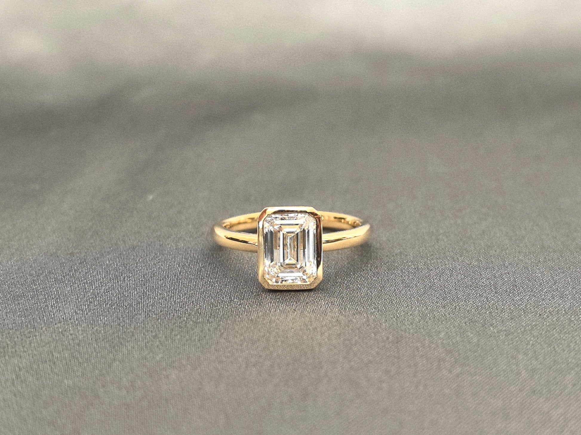 Bezel Set Emerald Cut Lab Diamond Ring - 14K Gold - Classic Solitaire
