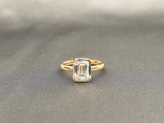 Bezel Set Emerald Cut Lab Diamond Ring - 14K Gold - Classic Solitaire