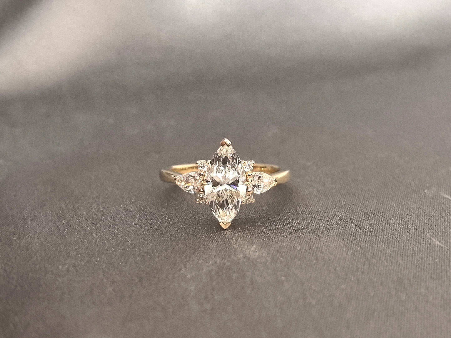 Vintage Marquise Lab Diamond Ring - Pear & Round Diamond Accents - 14K Gold
