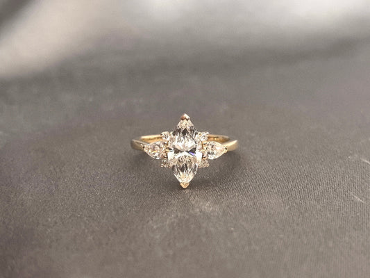 Vintage Marquise Lab Diamond Ring - Pear & Round Diamond Accents - 14K Gold