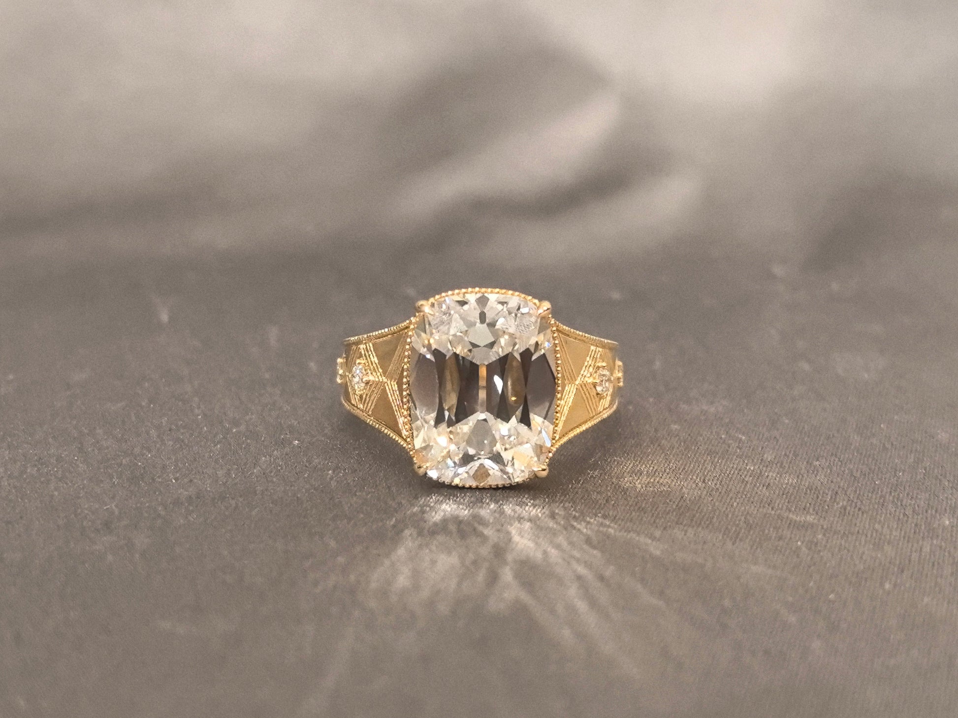 Cushion Lab Grown Diamond Ring - Ornate Thick Band - 14K Gold
