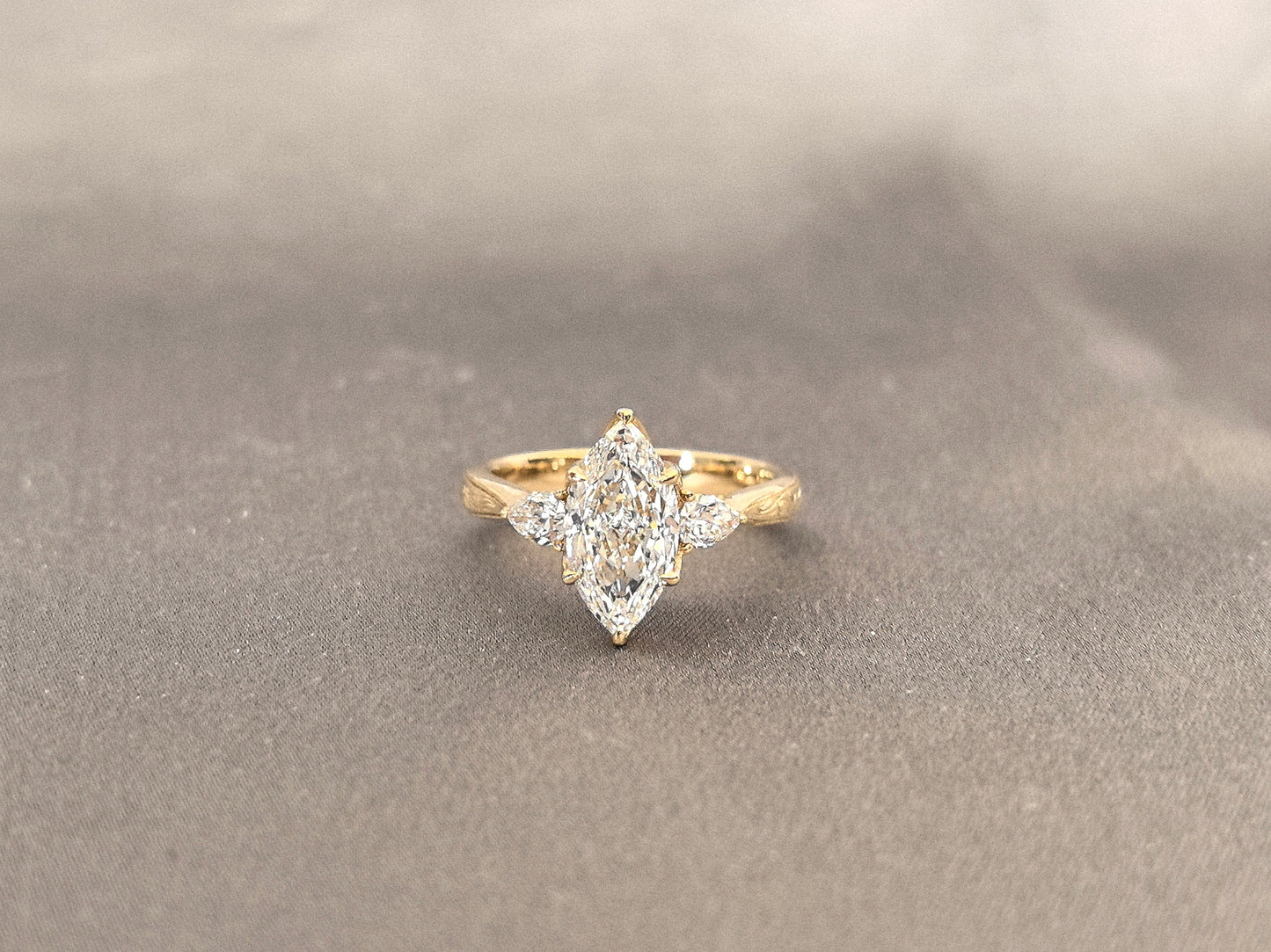 Marquise Lab Diamond Ring - Floral Prong & Engraved Band - Pear Side Stones