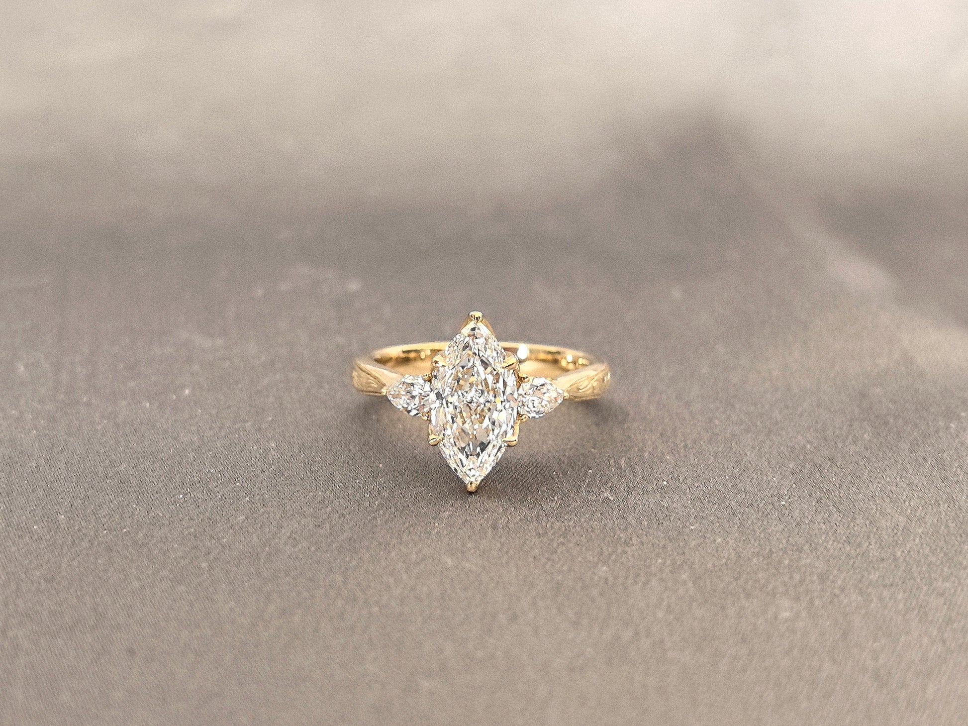 Marquise Lab Diamond Ring - Floral Prong & Engraved Band - Pear Side Stones