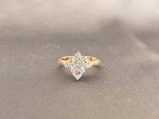 Marquise Lab Diamond Ring - Floral Prong & Engraved Band - Pear Side Stones