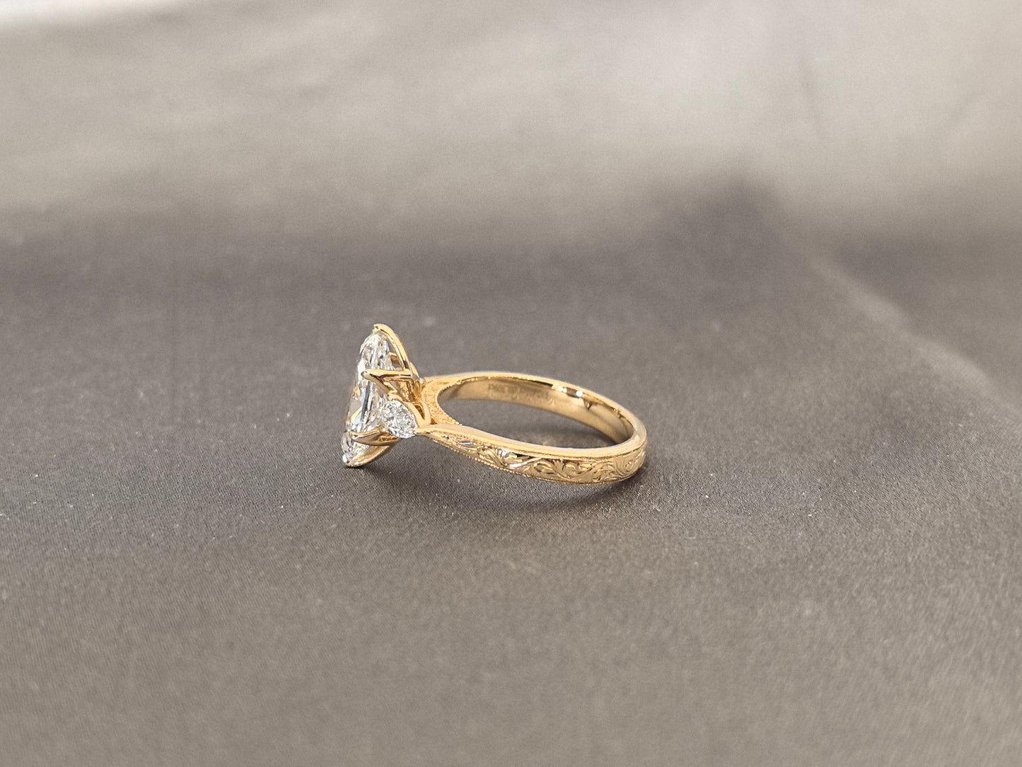 Marquise Lab Diamond Ring - Floral Prong & Engraved Band - Pear Side Stones
