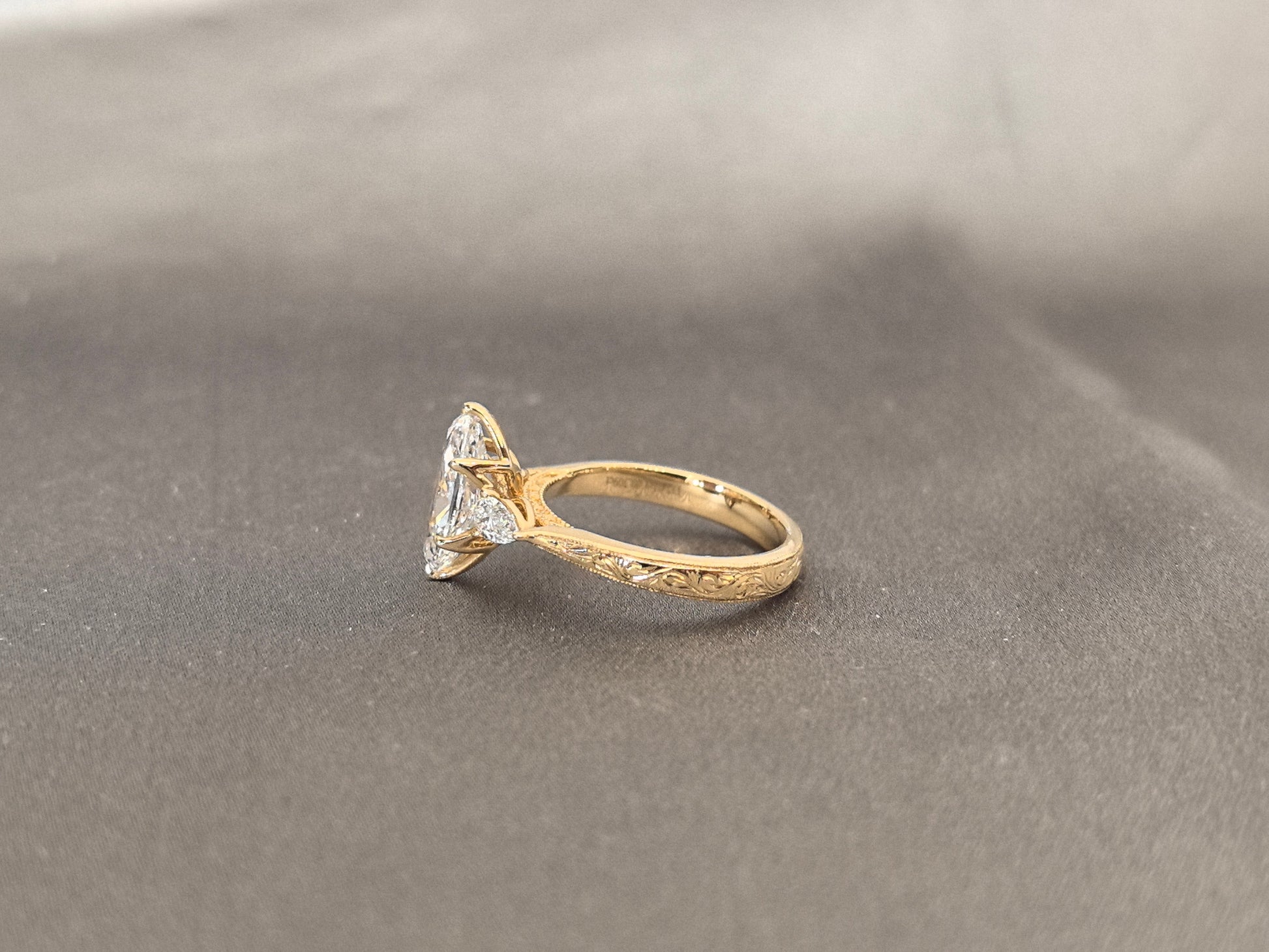 Marquise Lab Diamond Ring - Floral Prong & Engraved Band - Pear Side Stones