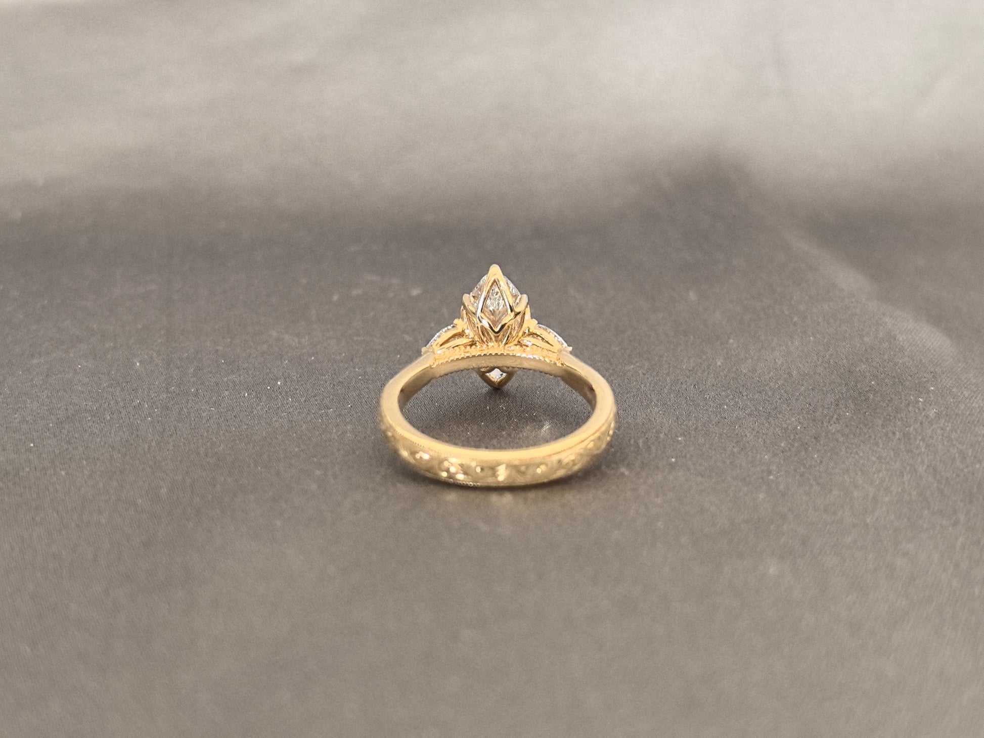 Marquise Lab Diamond Ring - Floral Prong & Engraved Band - Pear Side Stones