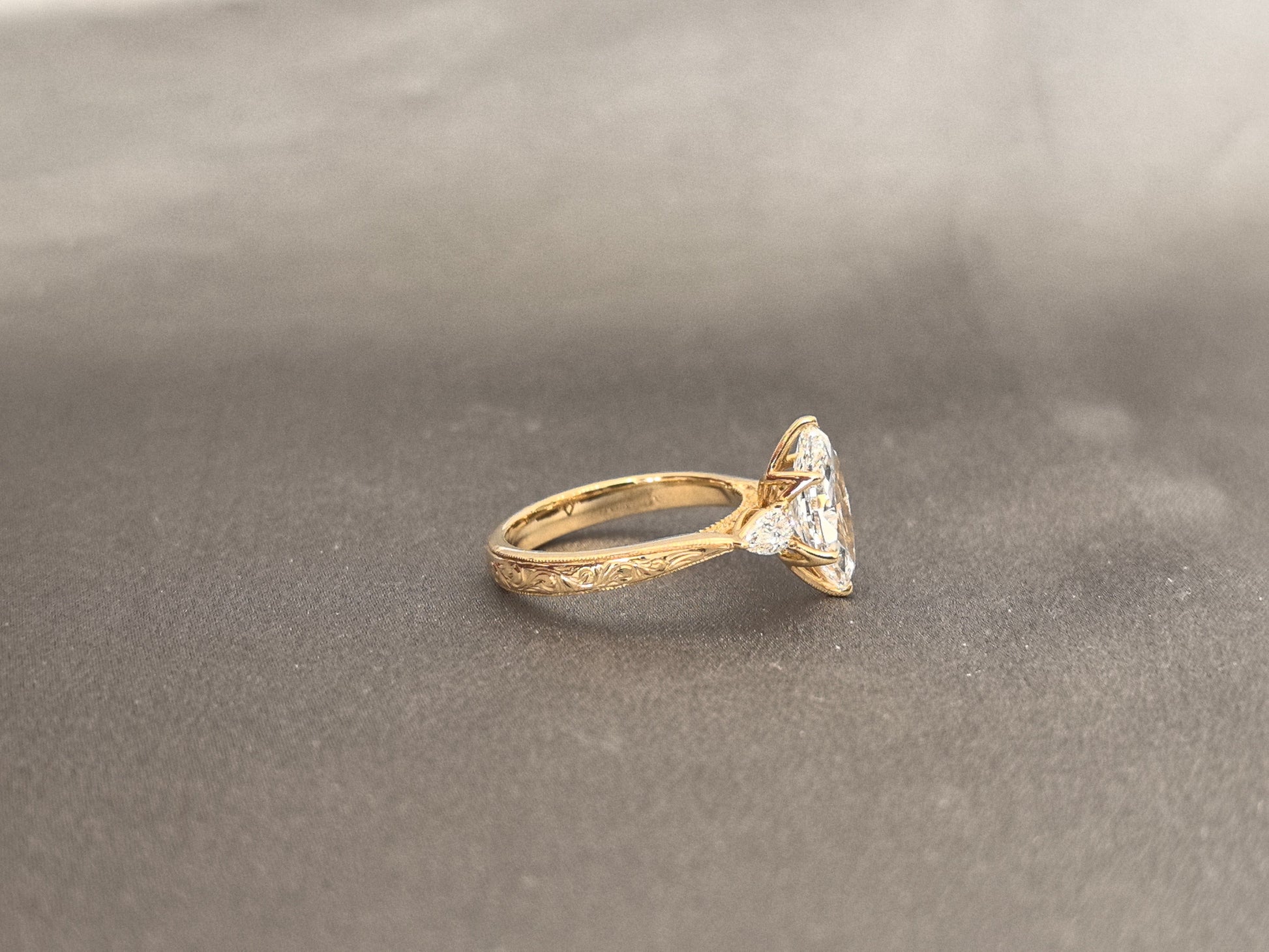 Marquise Lab Diamond Ring - Floral Prong & Engraved Band - Pear Side Stones