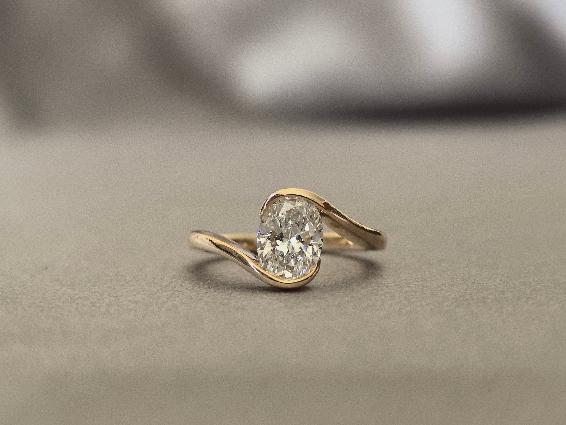 Oval Lab-Grown Diamond Ring - Minimalist Wrap Shank - East-West Tension Style