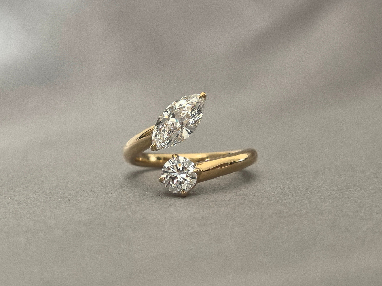 Marquise & Round Lab Diamond Ring - Two-Stone Bypass Setting - Modern Asymmetrical Style