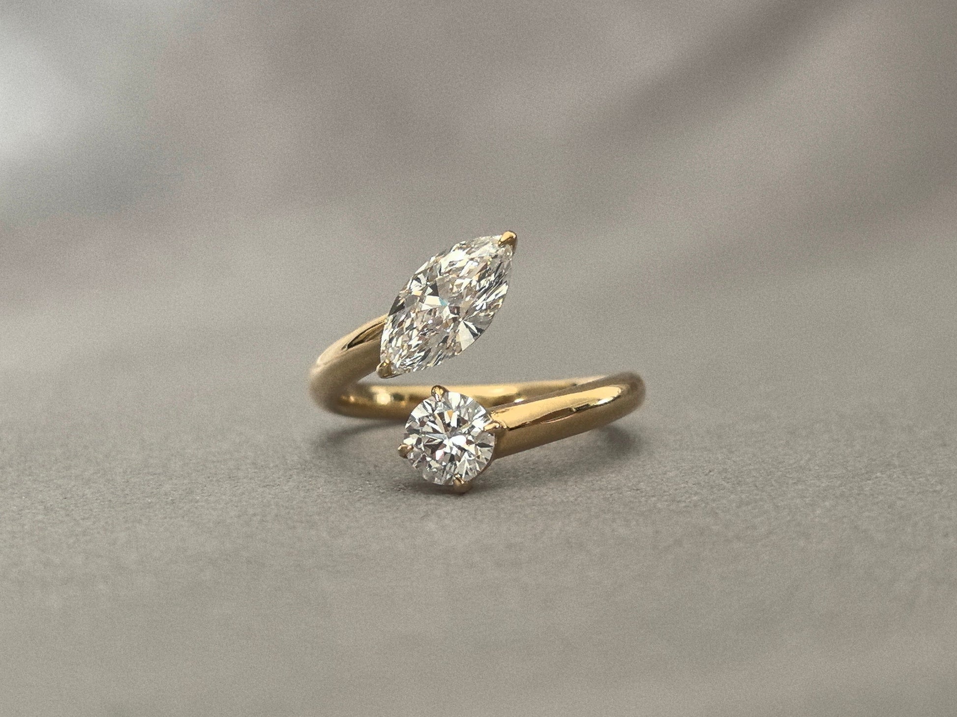 Marquise & Round Lab Diamond Ring - Two-Stone Bypass Setting - Modern Asymmetrical Style
