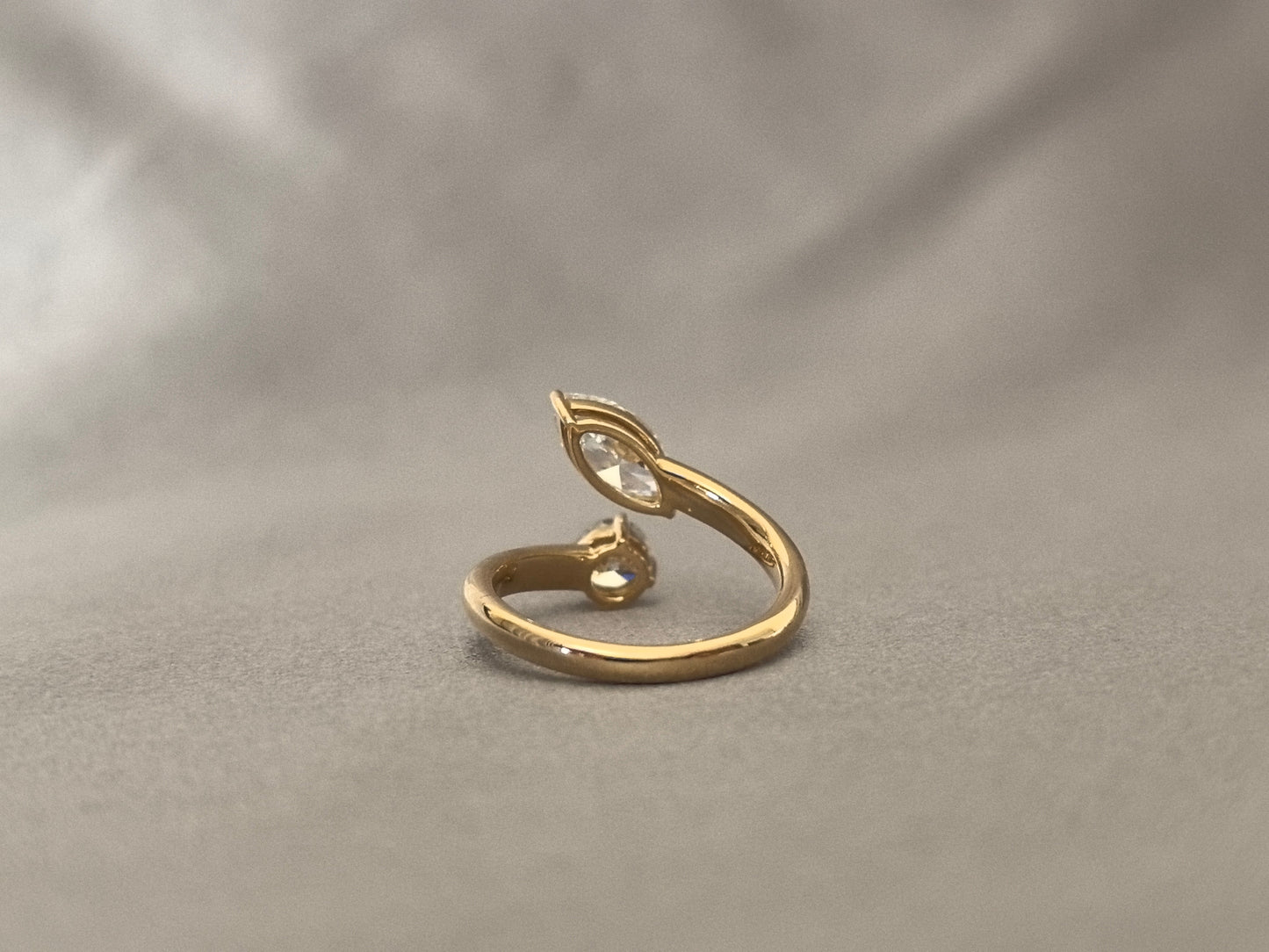 Marquise & Round Lab Diamond Ring - Two-Stone Bypass Setting - Modern Asymmetrical Style