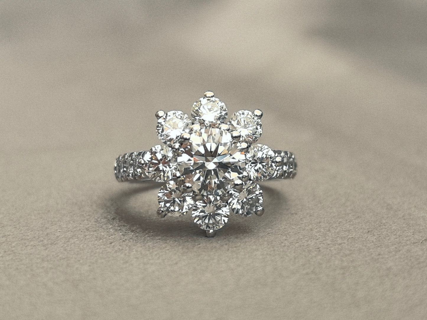 Round Lab-Grown Diamond Platinum Ring - Flower Halo Setting - 1/3 Eternity Pave Setting