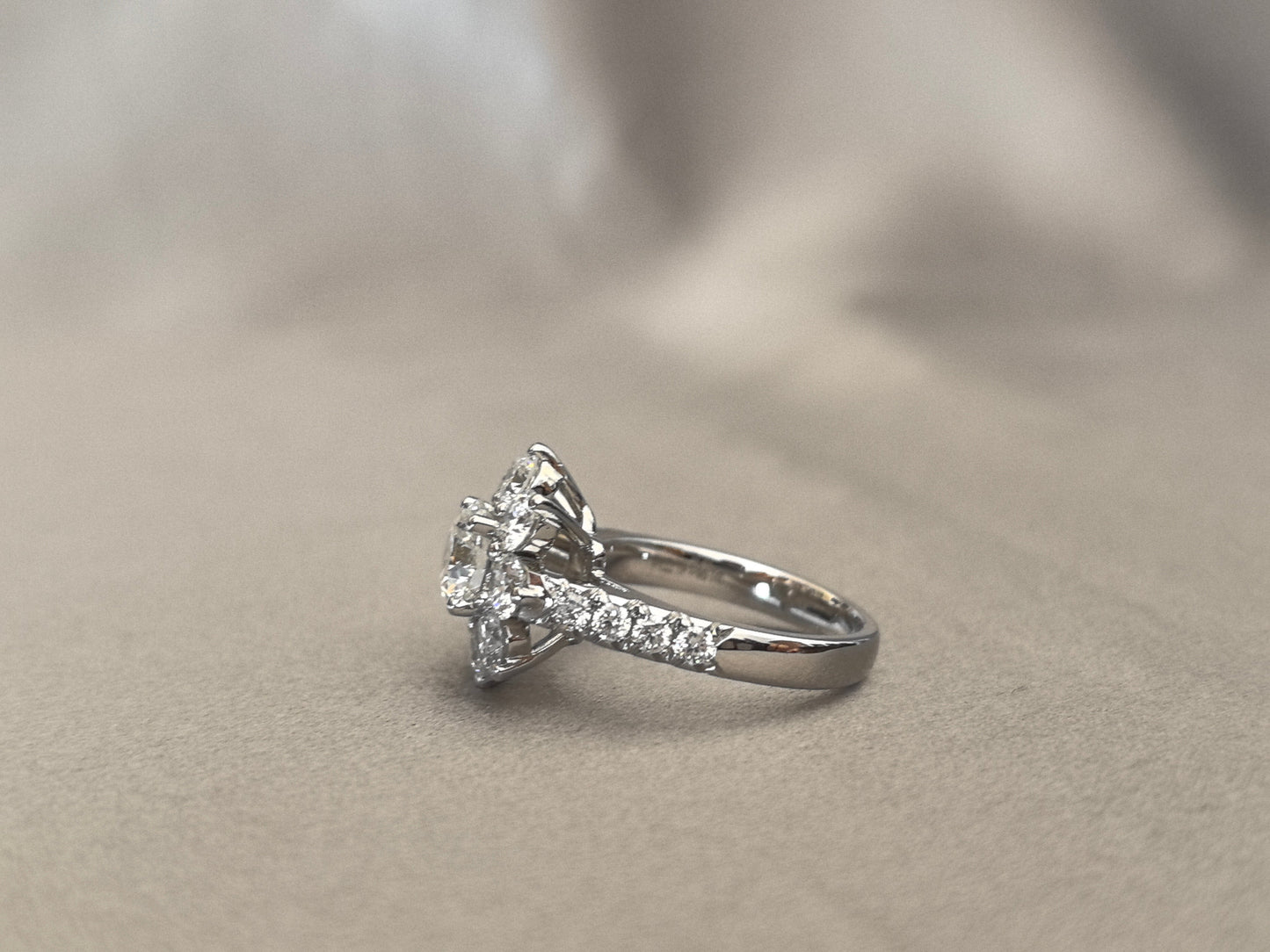 Round Lab-Grown Diamond Platinum Ring - Flower Halo Setting - 1/3 Eternity Pave Setting