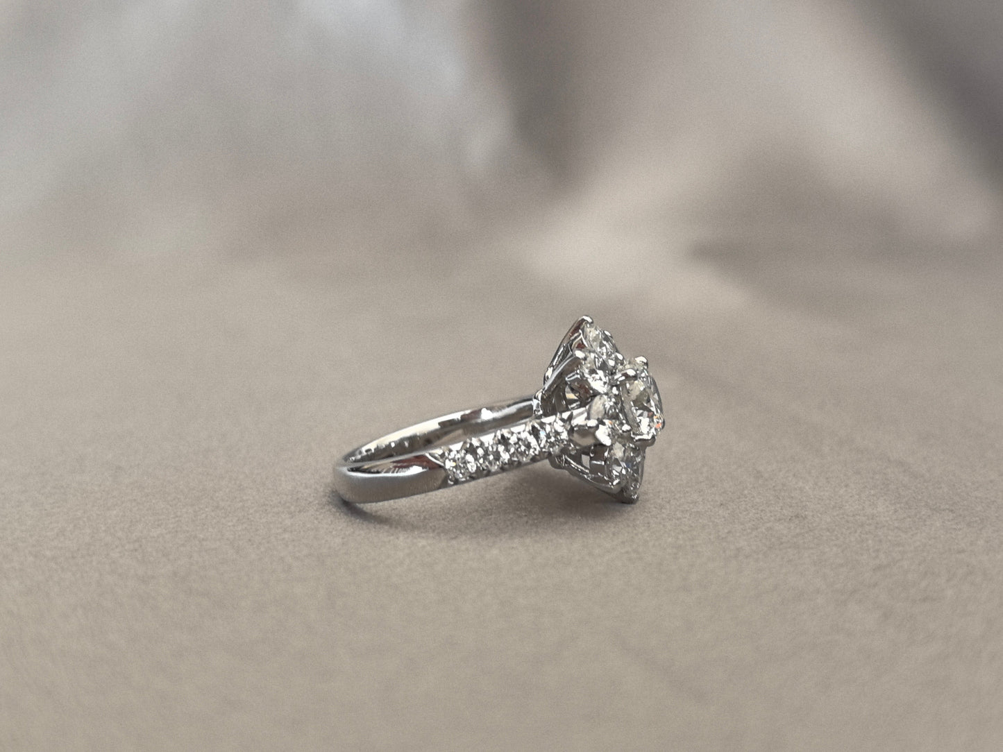 Round Lab-Grown Diamond Platinum Ring - Flower Halo Setting - 1/3 Eternity Pave Setting