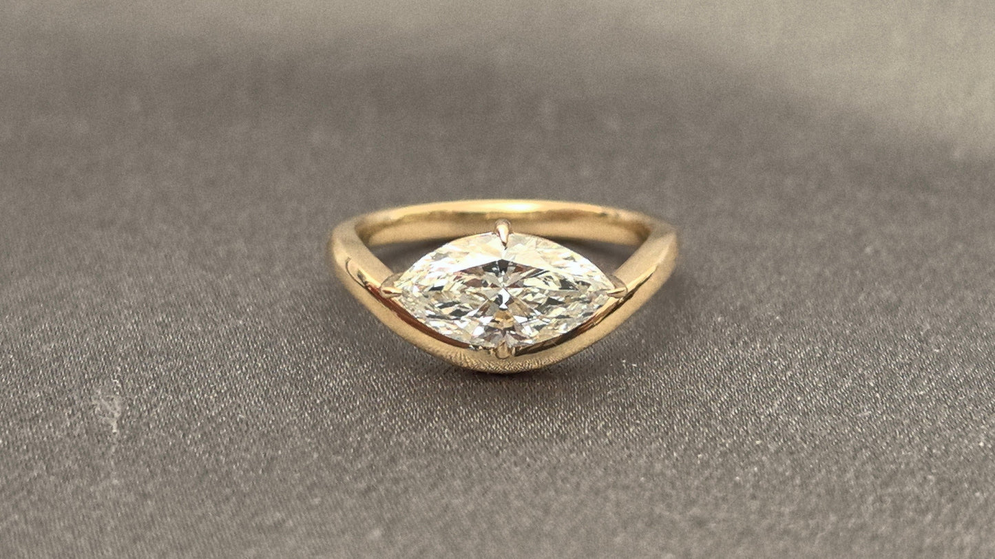 14K Gold pinky ring - Horizontal Marquise Diamond - Modern Solitaire