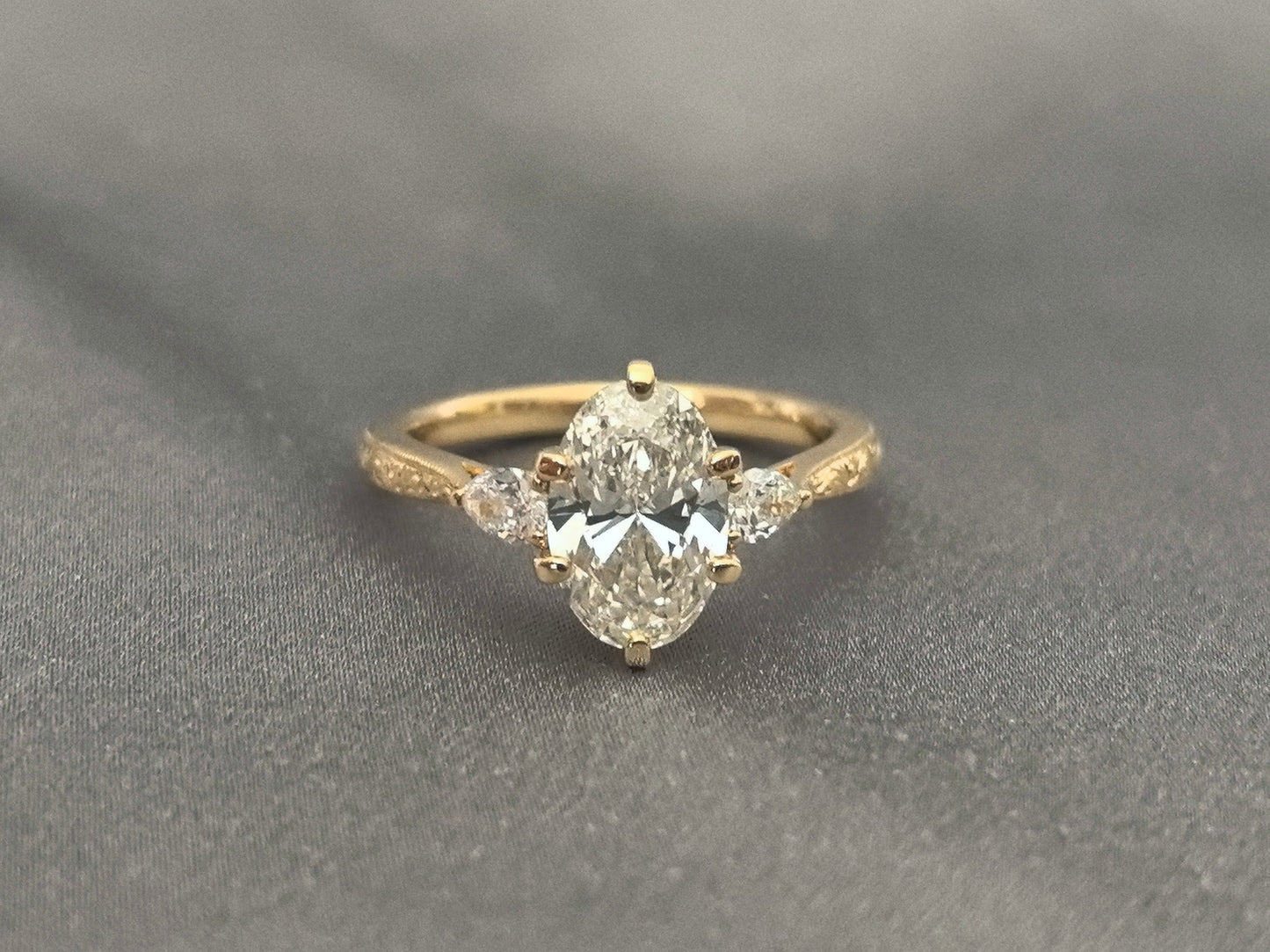 Oval Lab Diamond Ring - Floral Prong & Engraved Band - Pear Side Stones