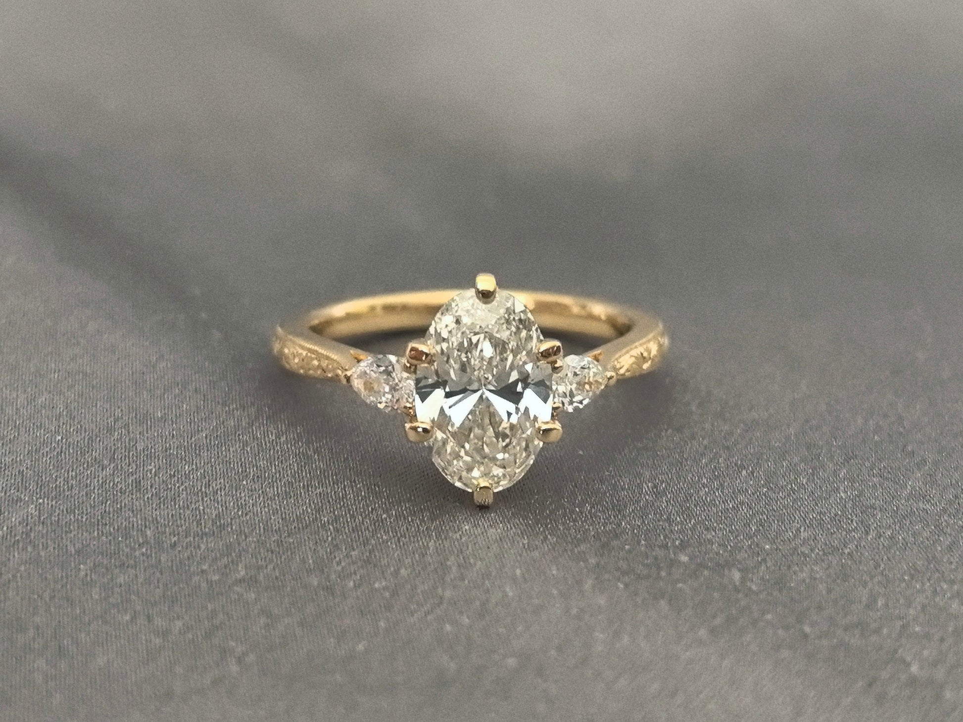 Oval Lab Diamond Ring - Floral Prong & Engraved Band - Pear Side Stones